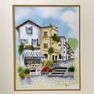 Quaint Village Ink And Watercolor Painting