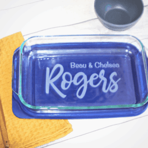 Custom engraved glass casserole pan with couples names and wedding date