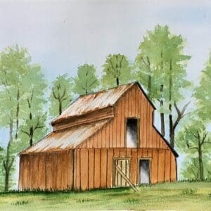Vibrant Ink And Wash Autumn Barn