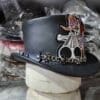 Skull Cowboy Black Leather Top Hat - Image 3