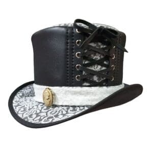 Steampunk ladies white crusty band leather top hat