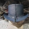 Tri Skull Cross Band Navy Leather Top Hat - Image 6