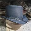 Tri Skull Cross Band Navy Leather Top Hat - Image 5