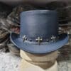 Tri Skull Cross Band Navy Leather Top Hat - Image 3