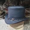 Tri Skull Cross Band Navy Leather Top Hat - Image 2