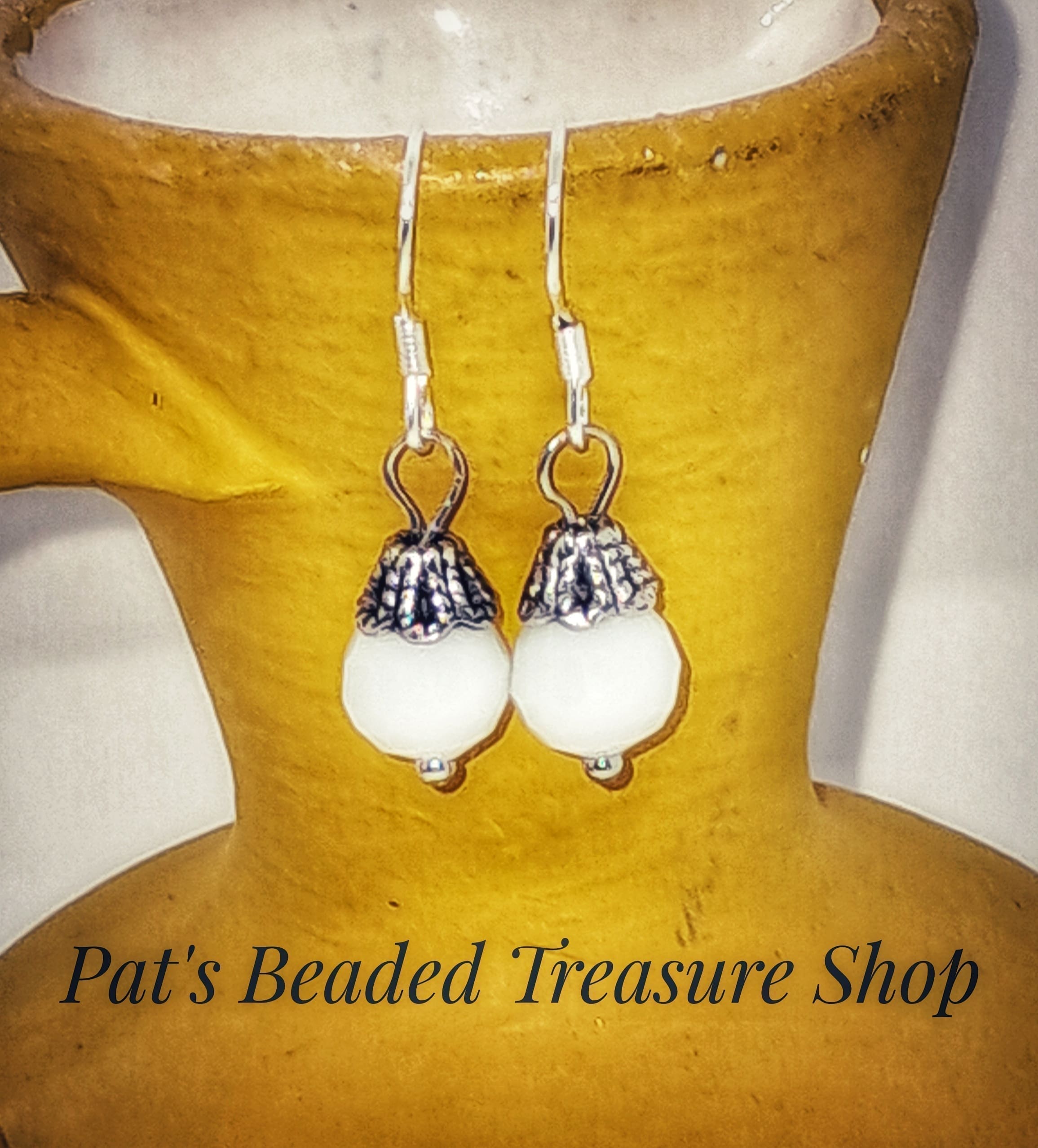 Elegant white bead earrings with silver bead caps Bead earrings with silver bead caps