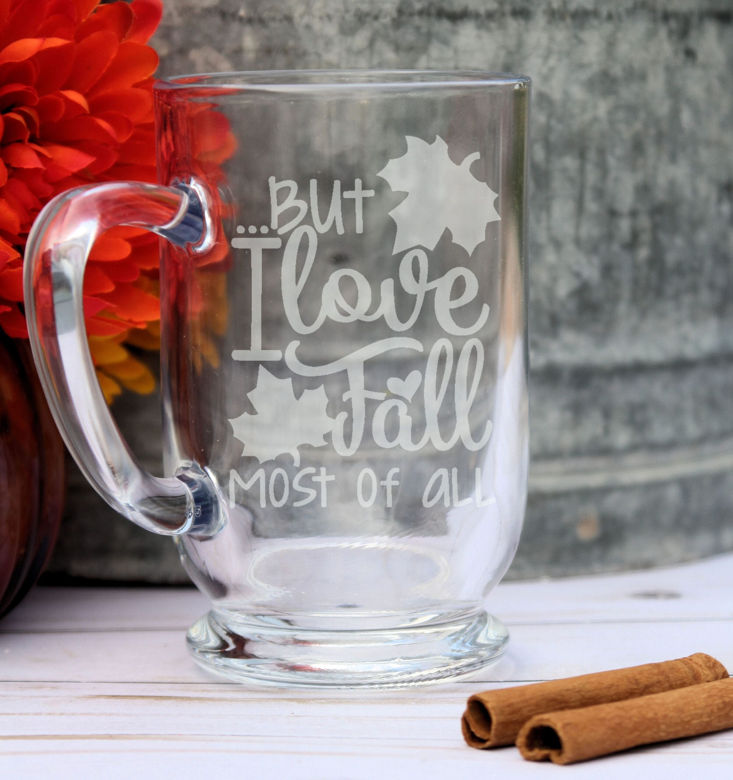 I love fall most of all – 16oz pumpkin spice latte mug I love fall most of all glass coffee mug – 16oz