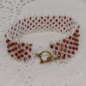 Handwoven beaded bracelet-in red white gold