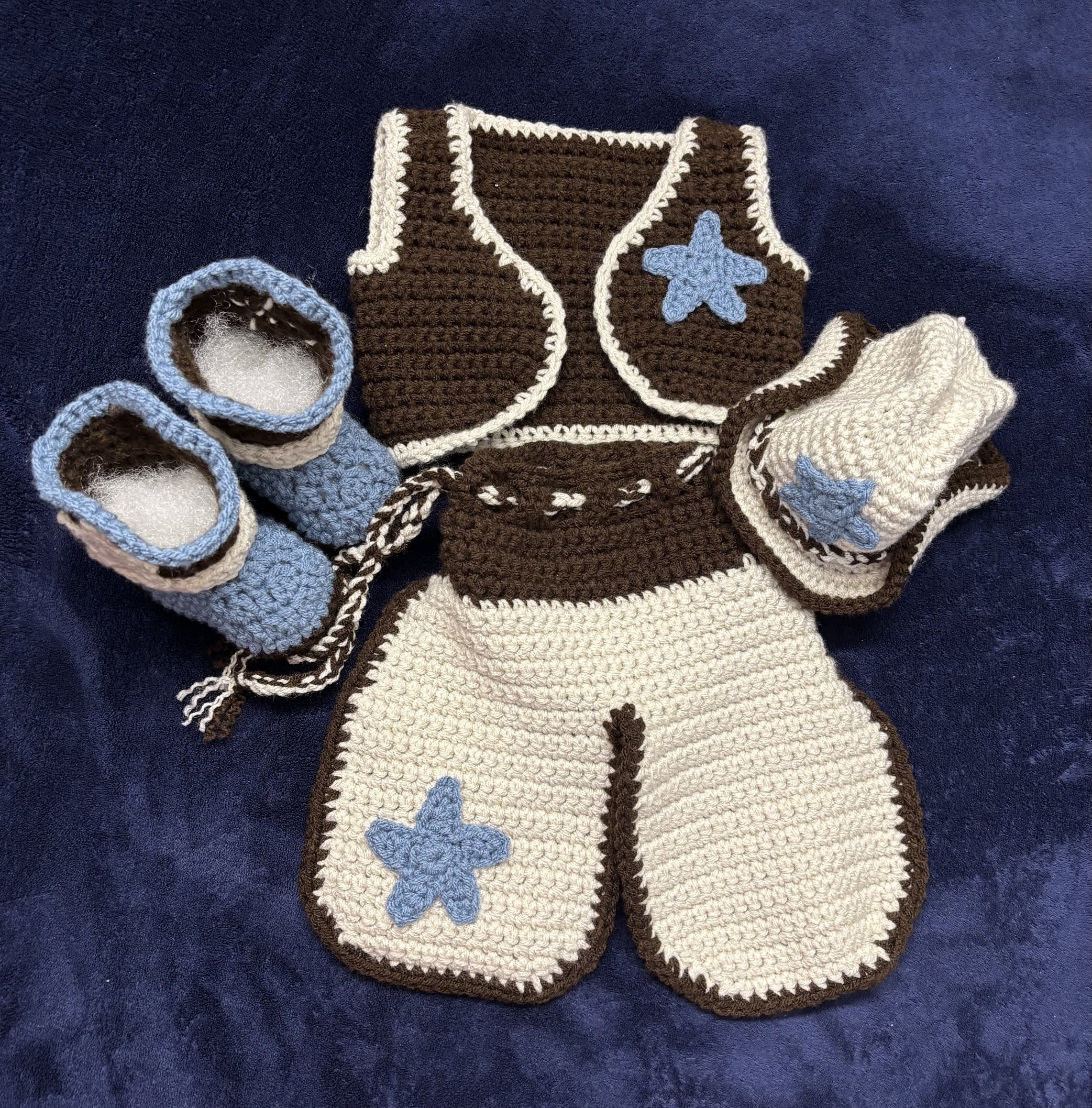 Adorable crochet 4 piece cowboy baby set size 0-3 Adorable crochet 4 piece cowboy