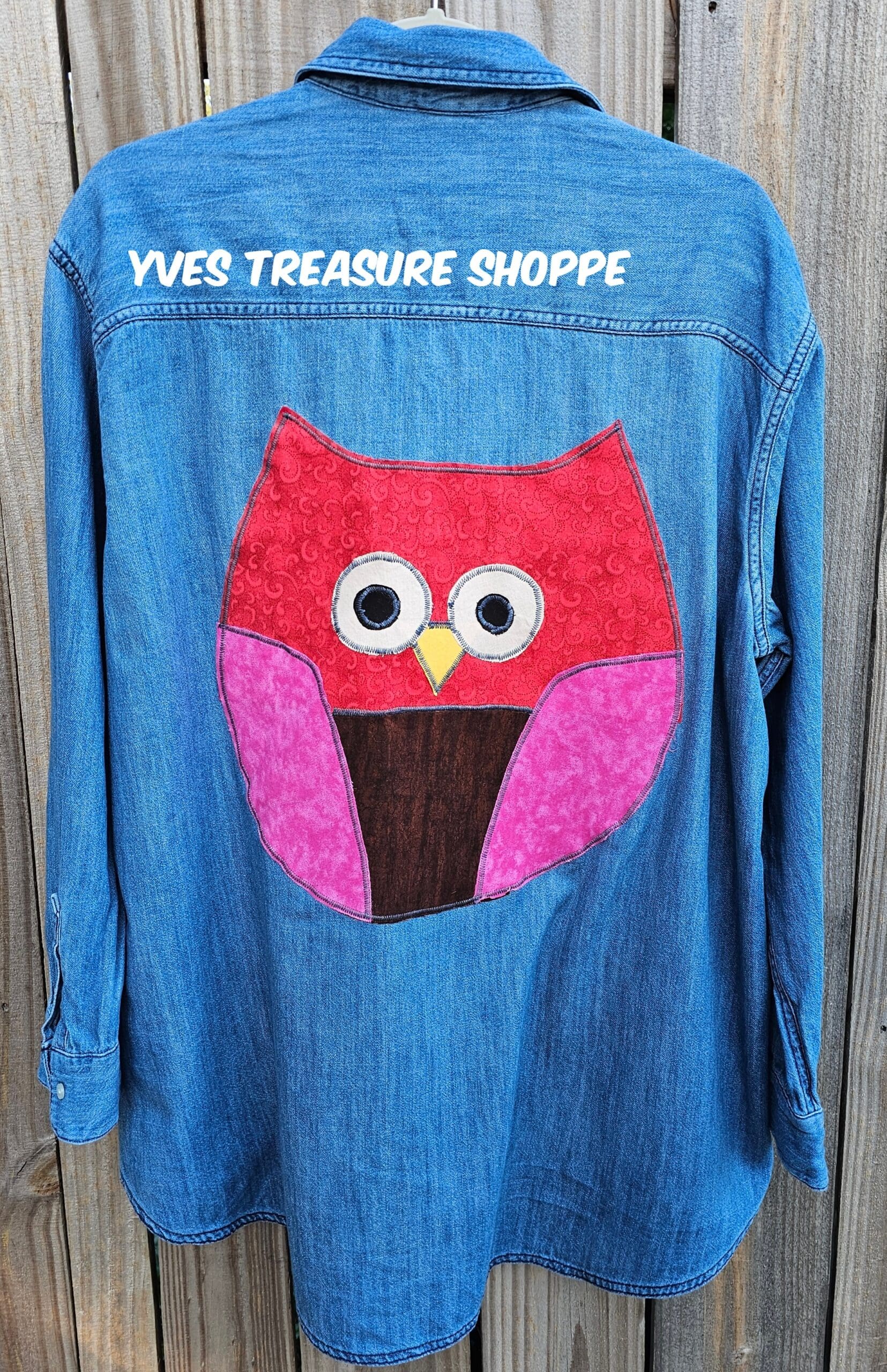 Uocycled owl denim shirt large Uocycled owl denim shirt large