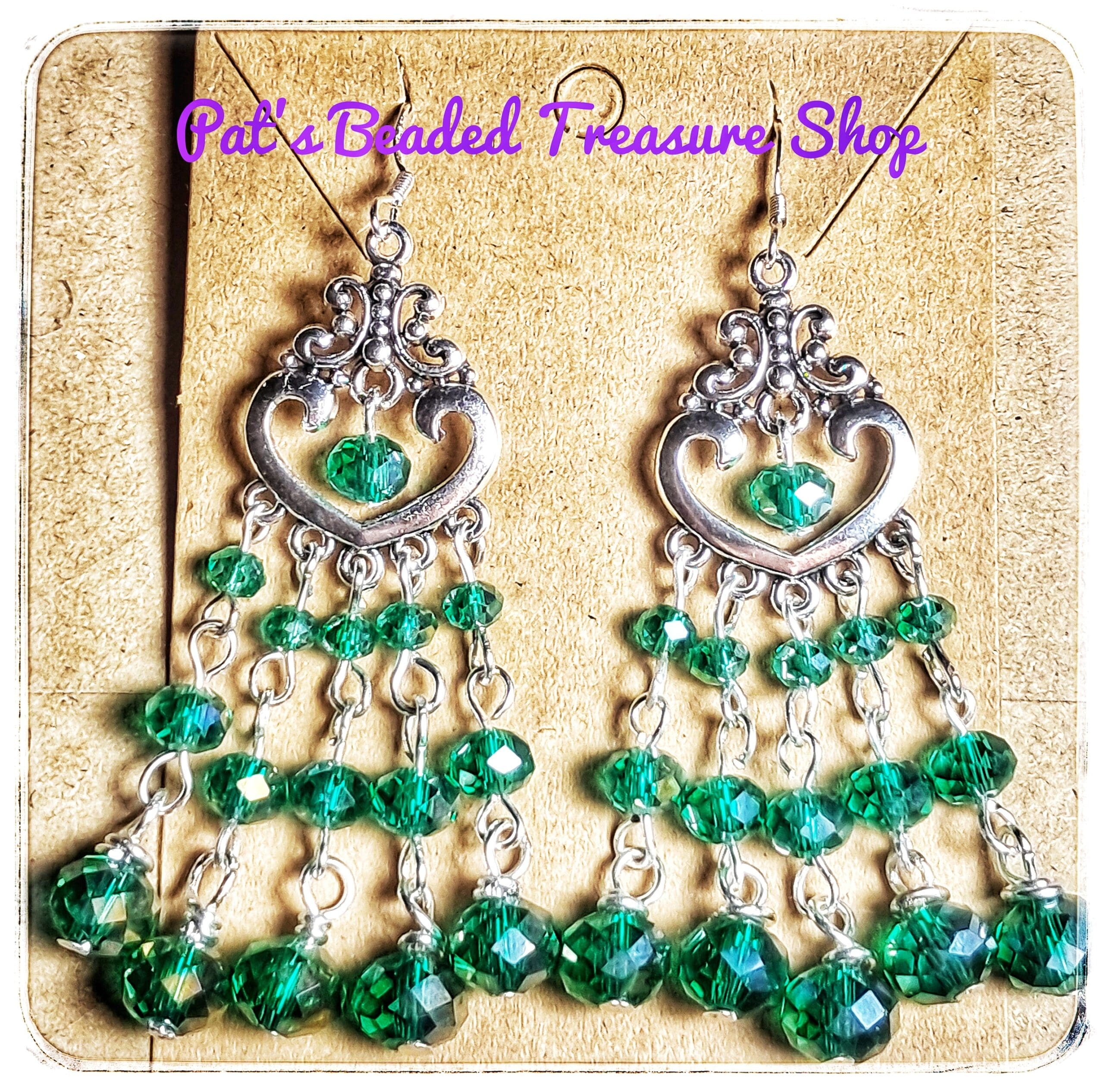 Beautiful Silver Heart Dangles With Emerald Green Rondelle Beads Silver Heart Dangles