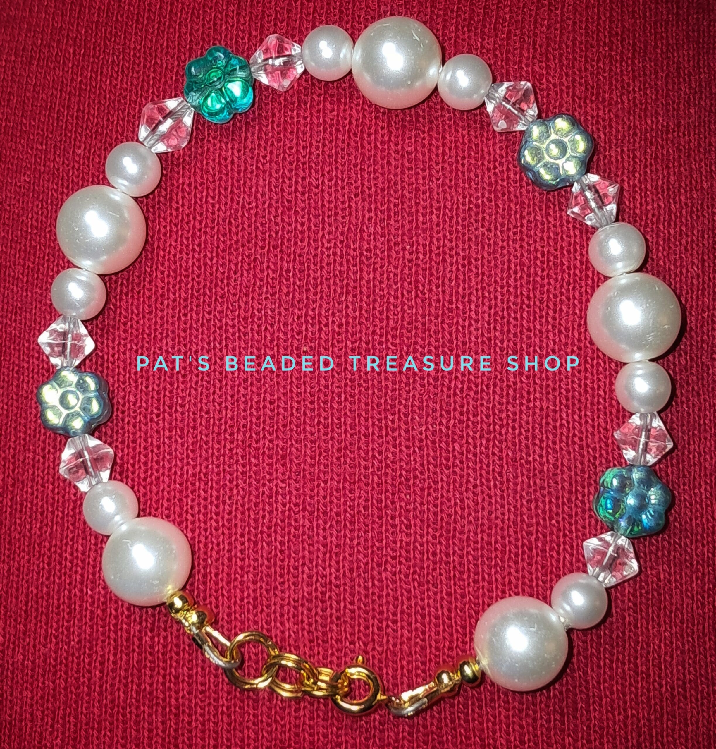 Lovely glass pearl and czech turquoise flower bracelet with gold spring clasp Lovely glass pearl and czech turquoise flower bracelet with gold spring clasp - image 4