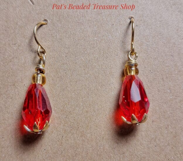 Red crystal teardrop earrings with gold plated ear wires Red crystal teardrop earrings