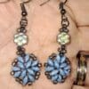 Blue Floral Earrings with Black Diamond Flowers - Image 2
