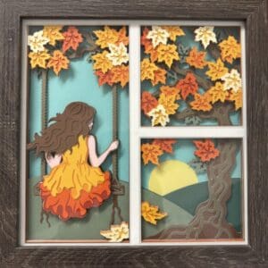 Handcrafted Fall Girl on Swing Shadow Box