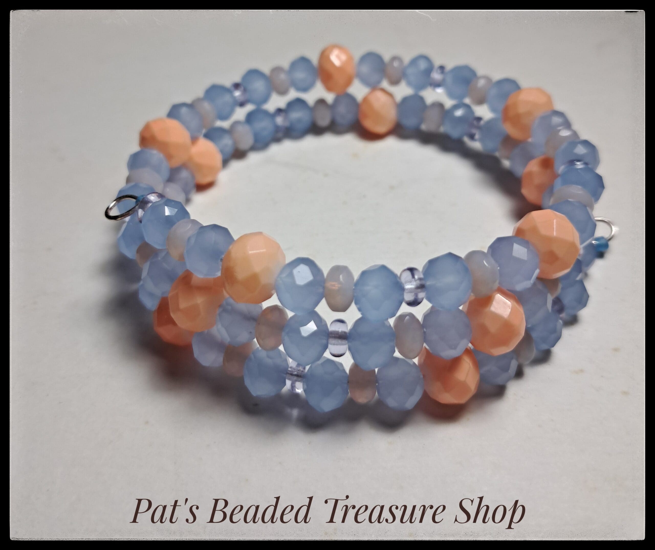 Peach and blue memory wire bracelet, double wrap beaded bracelet, Peach and blue memory wire bracelet, double wrap beaded bracelet, - image 2