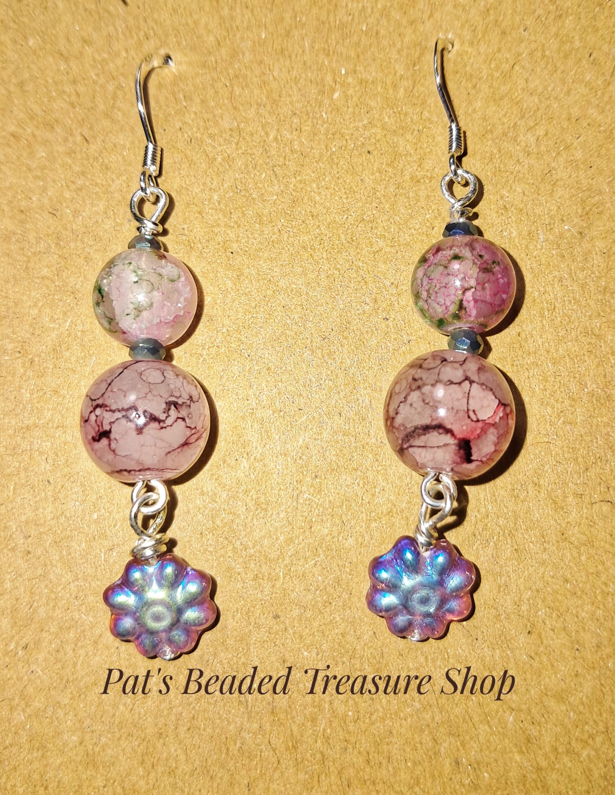 Pink marbled bead earrings, sterling silver 925 ear wires Pink marbled bead earrings, sterling silver 925 ear wires - image 3