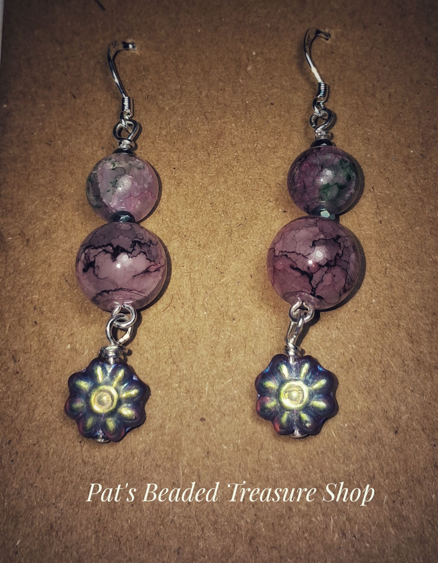 Pink marbled bead earrings, sterling silver 925 ear wires Pink marbled bead earrings, sterling silver 925 ear wires - image 4