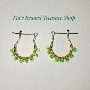 Green beaded hoop earrings, silver with gold wire wrapping