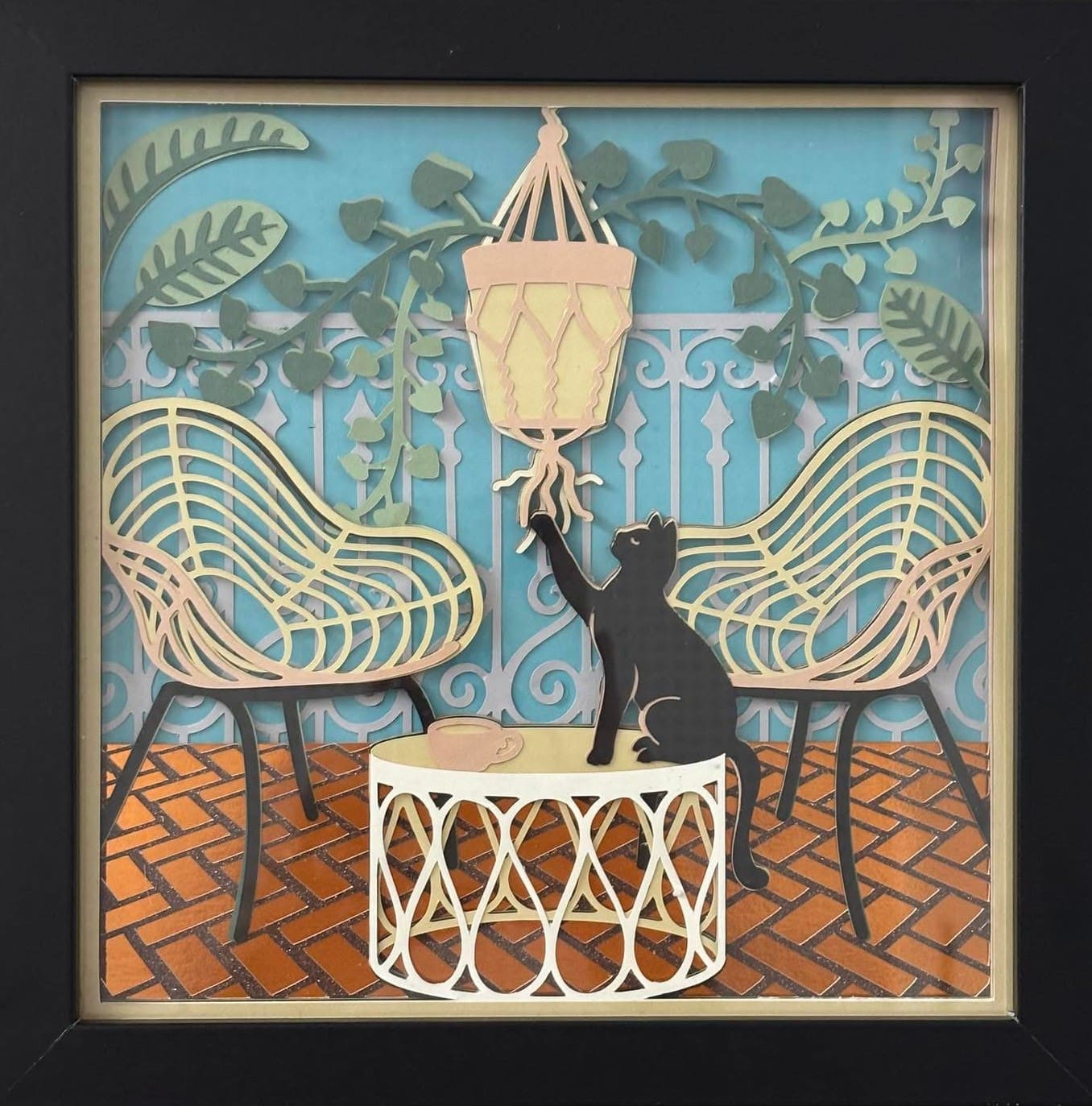 Boho patio cat shadow box handcrafted layered paper wall art Boho patio cat shadow box