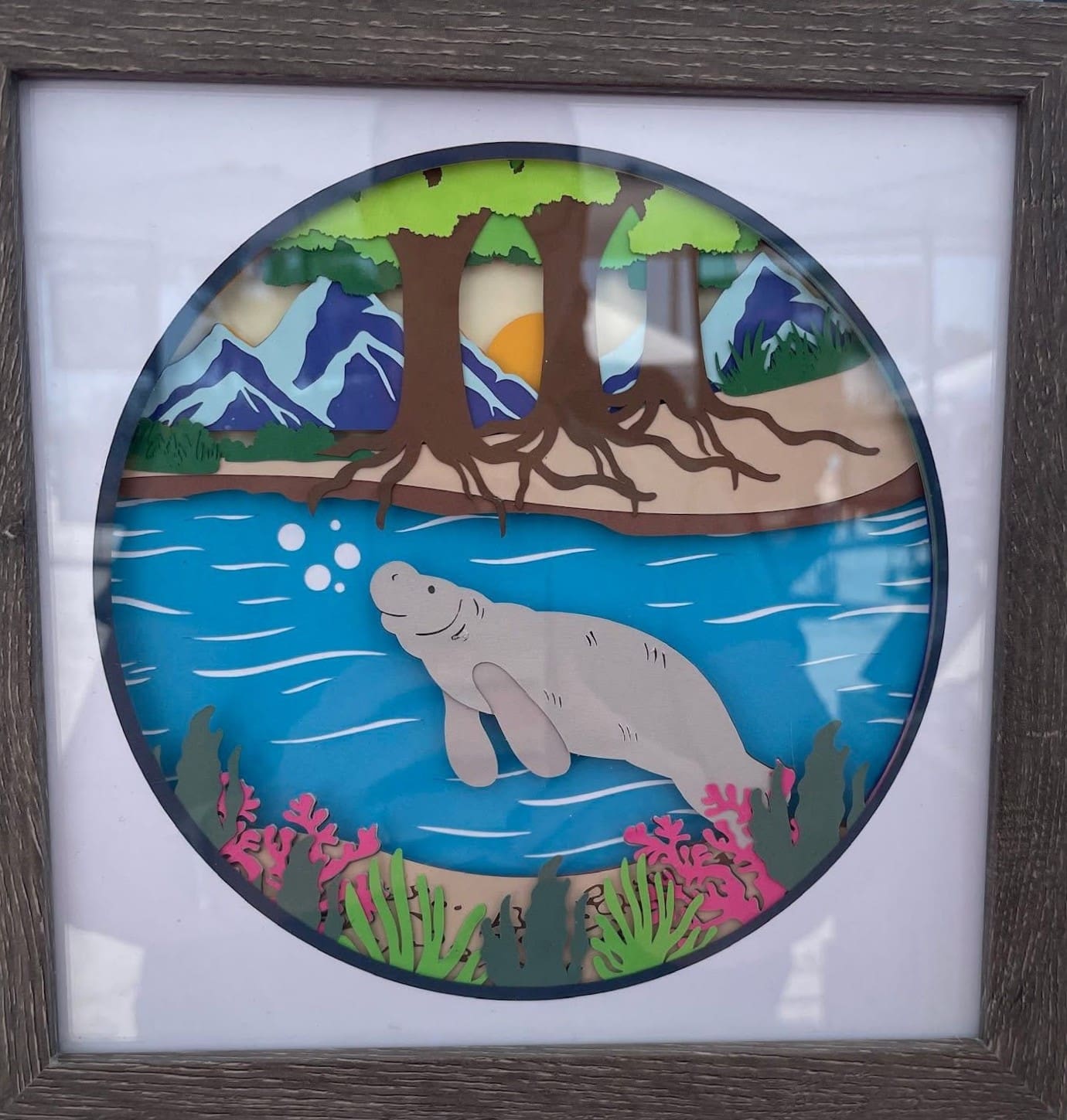 Swimming manatee shadow box handcrafted sea life wall decor gift Swimming manatee shadow box
