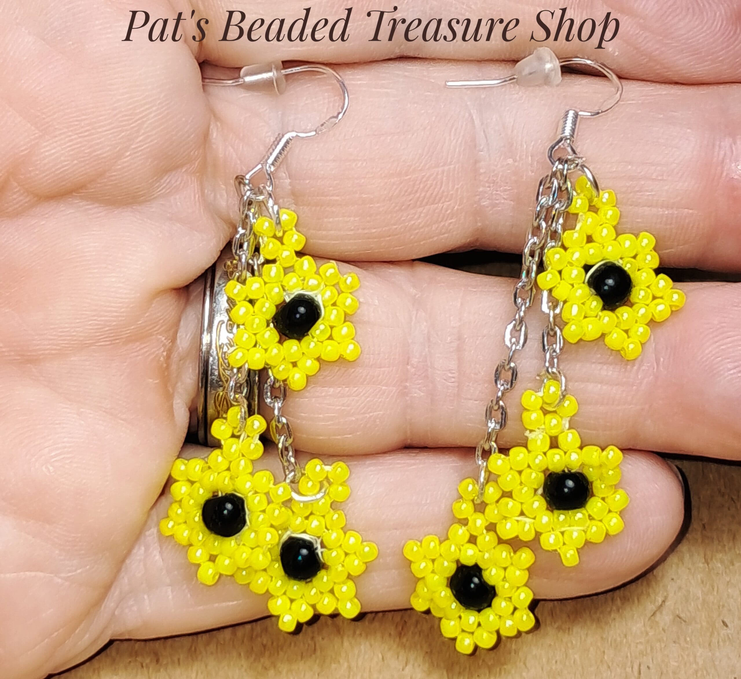 Dainty sunflower beaded dangle earrings, 925 sterling silver ear wires Dainty sunflower beaded dangle earrings, 925 sterling silver ear wires - image 2