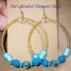 Unique Blue Acrylic Beaded Memory Wire Earrings With Gold Plated Ear Wires