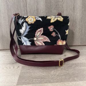 Handmade Floral Crossbody Purse–Black Floral with Burgundy Faux Leather