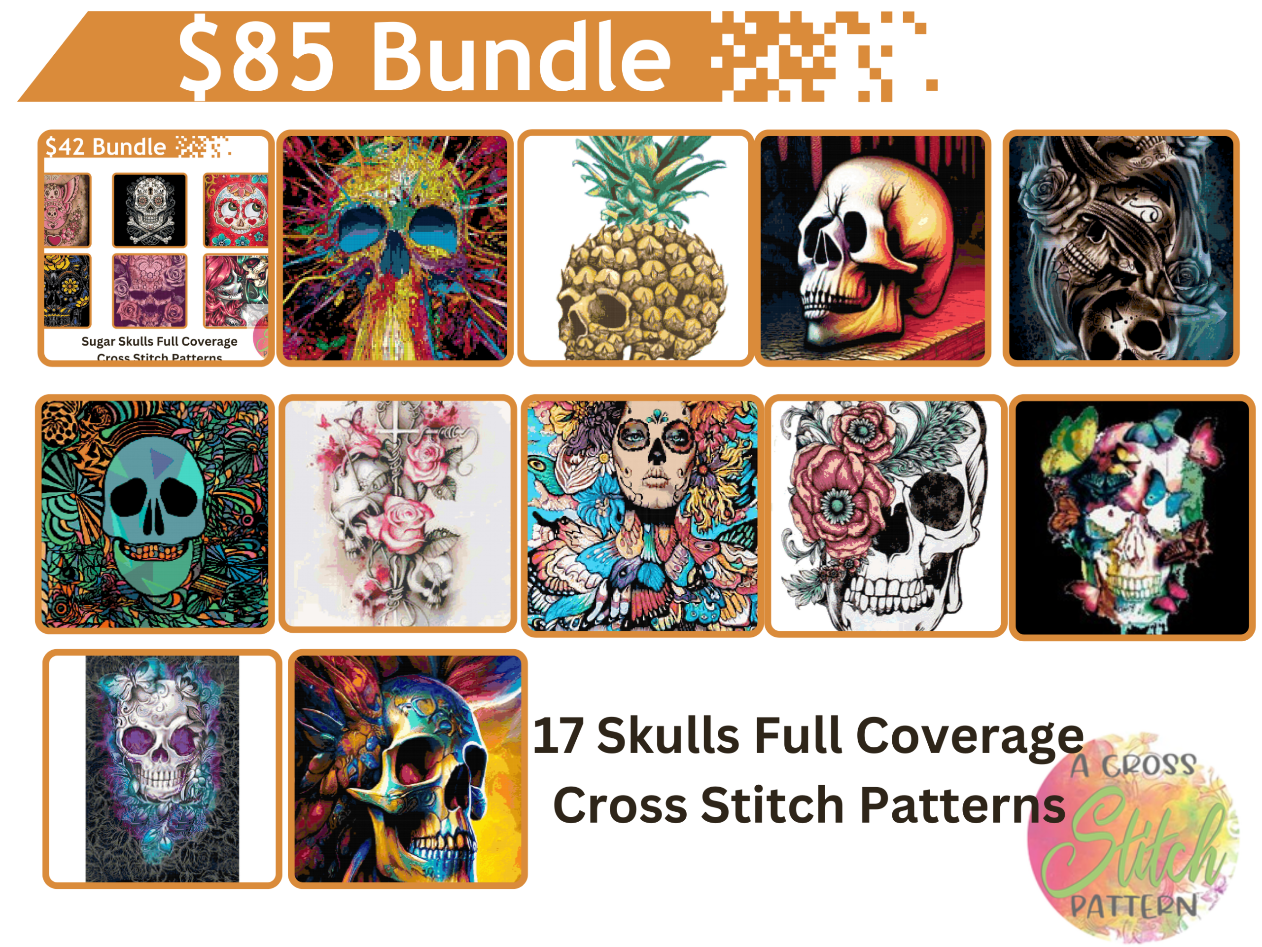 Skull cross stitch pattern bundle by a cross stitch pattern Skull cross stitch pattern bundle