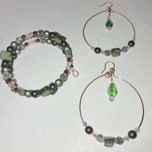 Pretty Memory Wire Green Beaded Bracelet and Hoop
