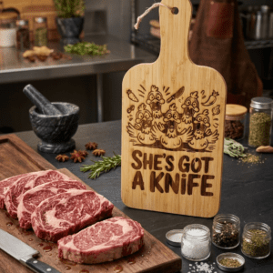 "she’s got a knife! " laser-engraved bamboo serving board – southern wit kitchen decor