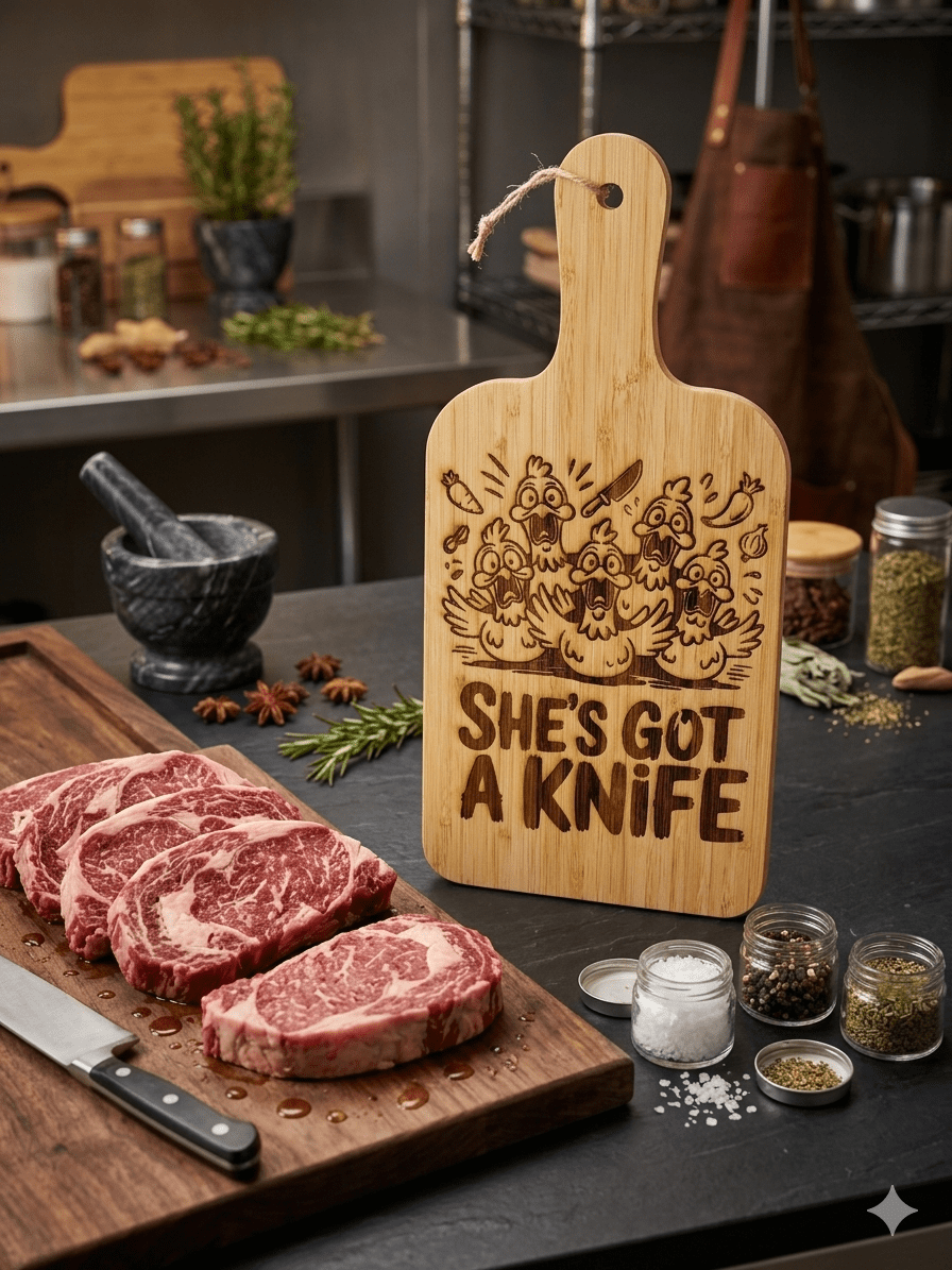 "she’s got a knife! " laser-engraved bamboo serving board – southern wit kitchen decor "she’s got a knife! " laser-engraved bamboo serving board – southern wit kitchen decor