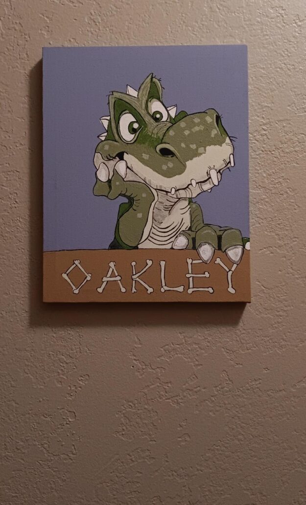 Hello dino-sweet pea painted canvas Hello dino-sweet pea