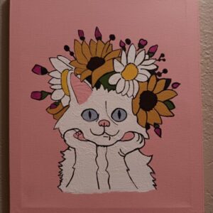 White cat wearing sunflowers and daisies painting
