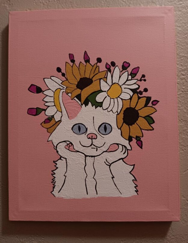 White cat wearing sunflowers and daisies painting White cat wearing sunflowers and daisies painting