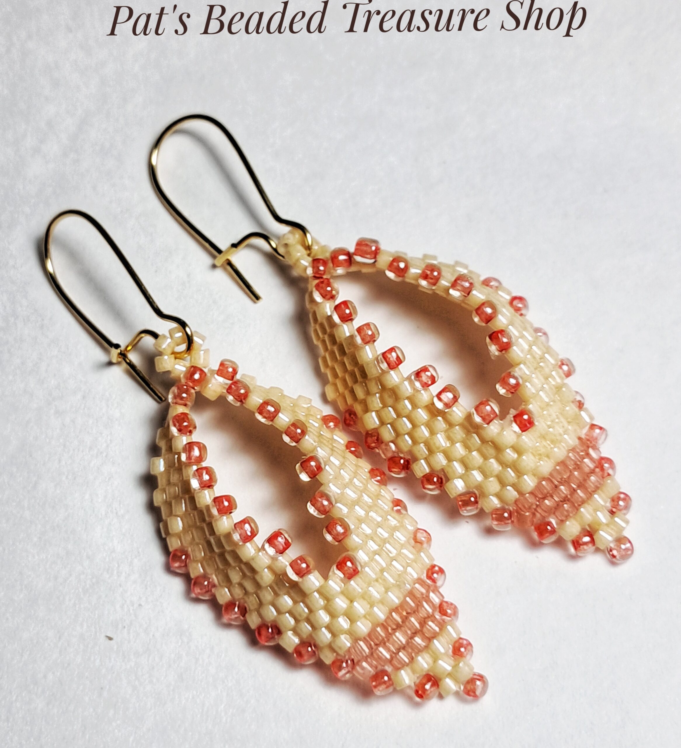 Cream and coral beaded russian leaf earrings Cream and coral beaded russian