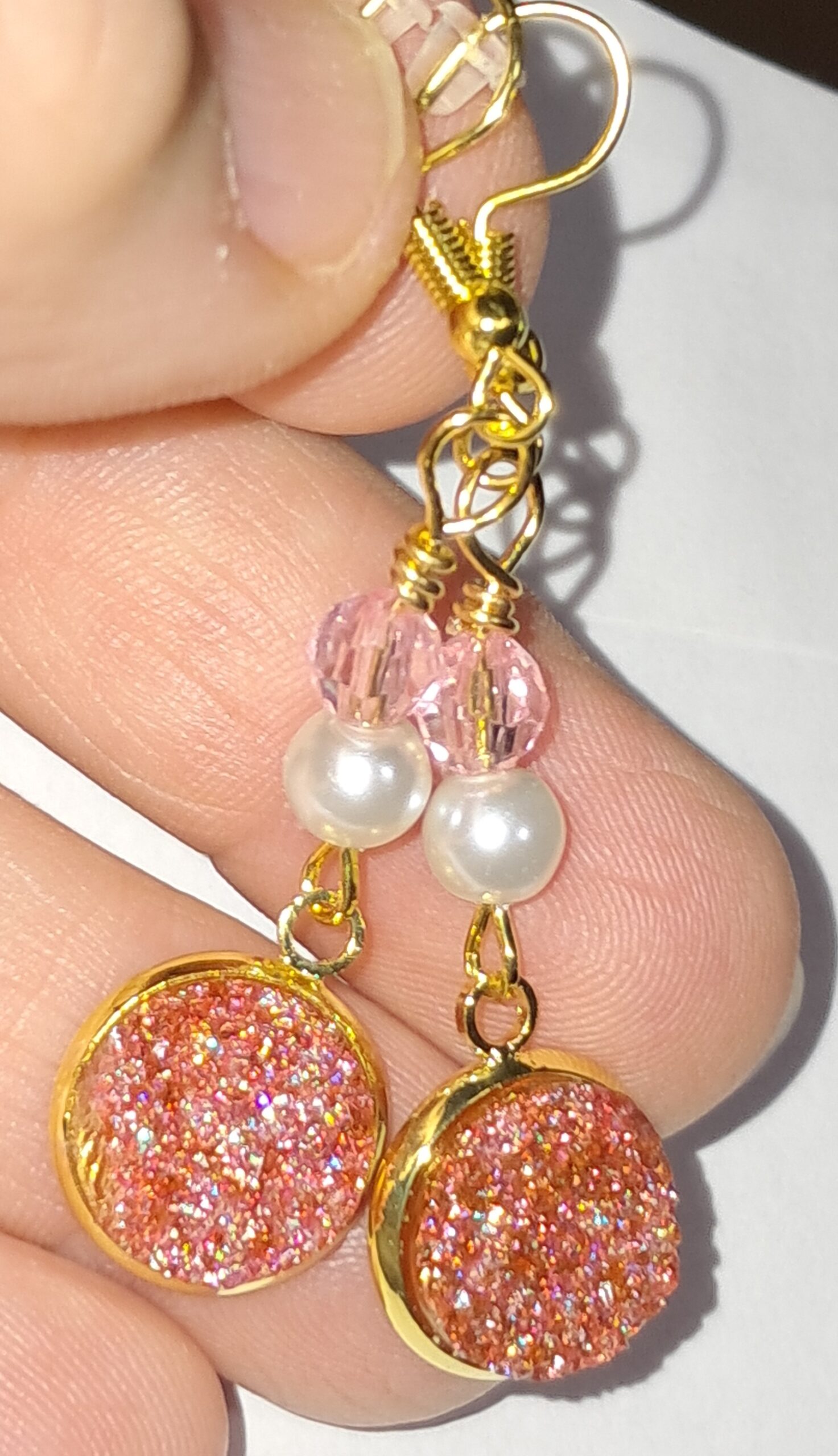 Pink druzy resin dangle earrings, gold tone ear wires Pink druzy resin dangle earrings, gold tone ear wires - image 4