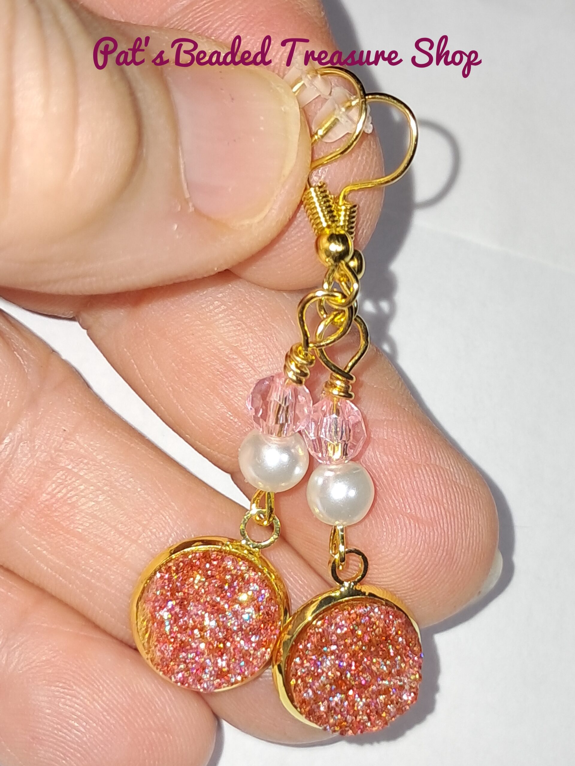 Pink druzy resin dangle earrings, gold tone ear wires Pink druzy resin dangle earrings, gold tone ear wires - image 2
