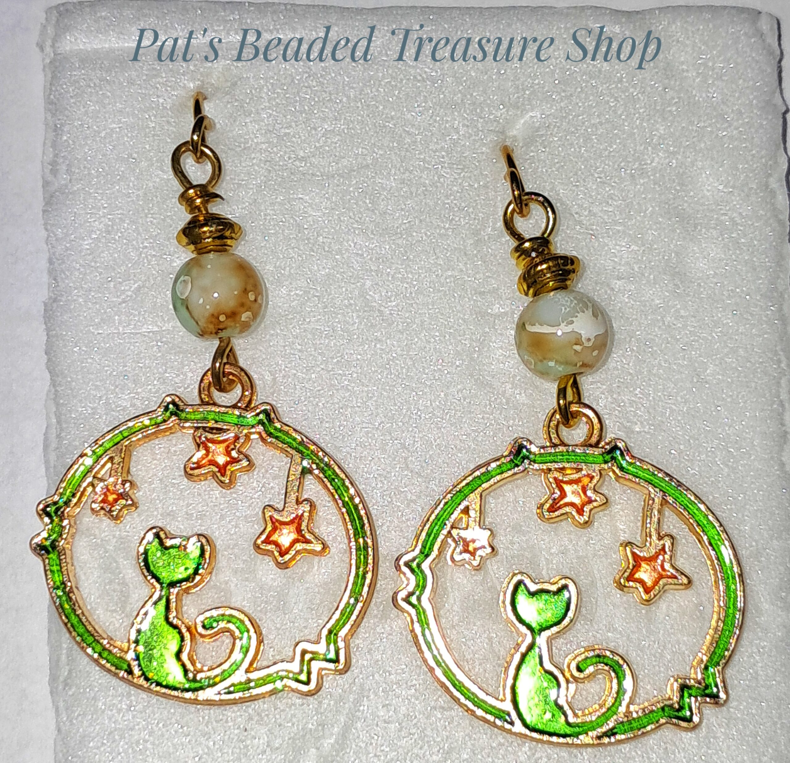 Whimsical cat and stars earrings with gold plated ear wires Whimsical cat and stars earrings
