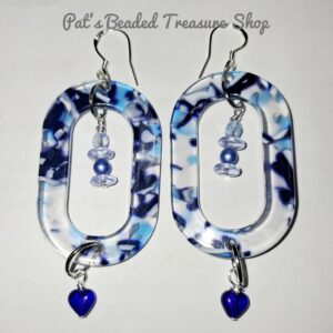 Fancy Blue Marbled Acrylic Oval Earrings with 0.925 Sterling Silver Ear Wires
