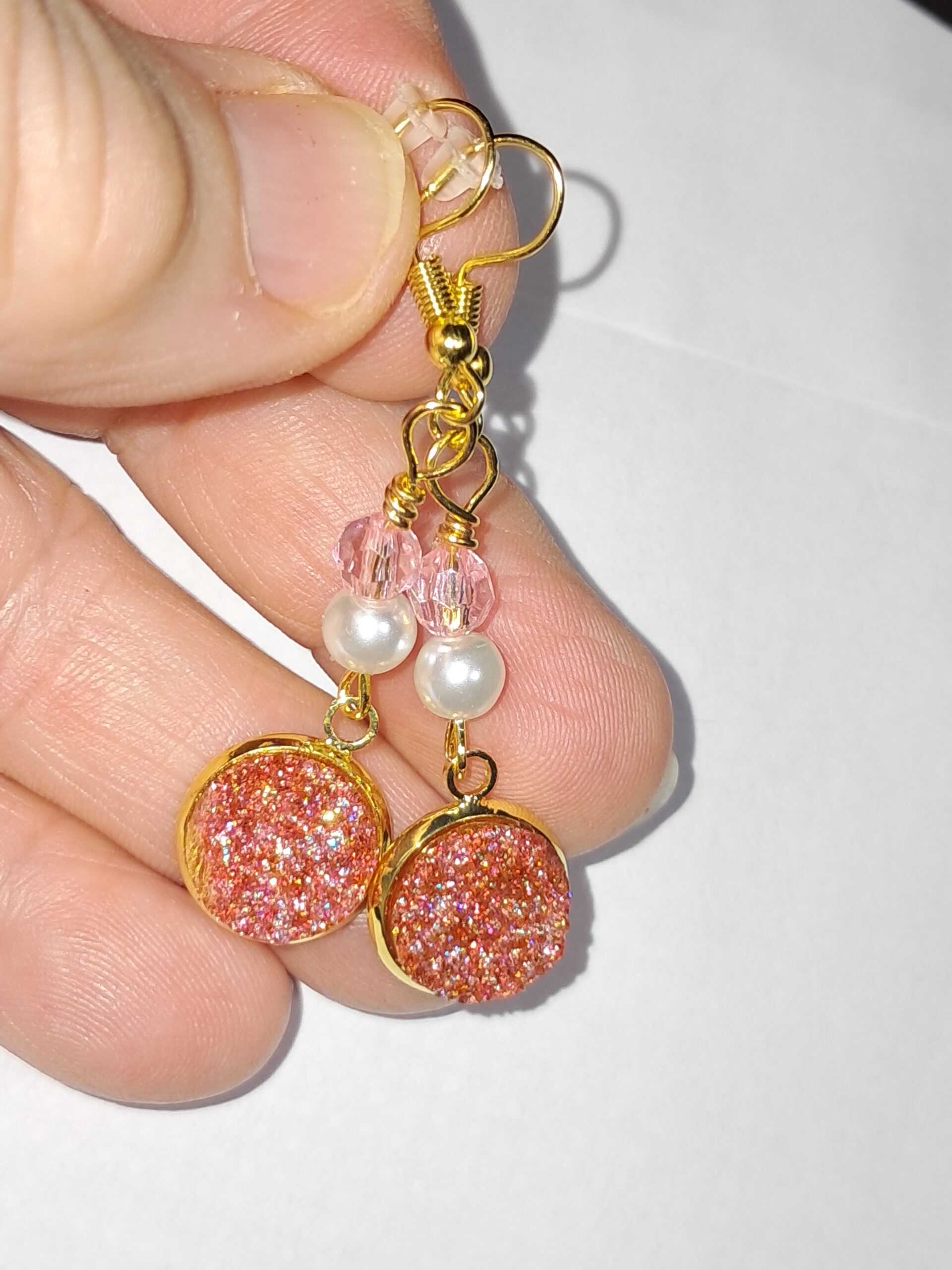 Pink druzy resin dangle earrings, gold tone ear wires Pink druzy resin dangle earrings, gold tone ear wires - image 3