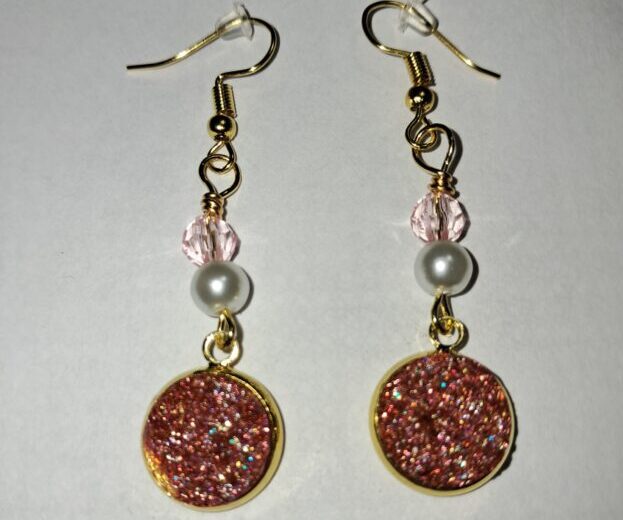 Pink druzy resin dangle earrings, gold tone ear wires Pink druzy resin dangle earrings