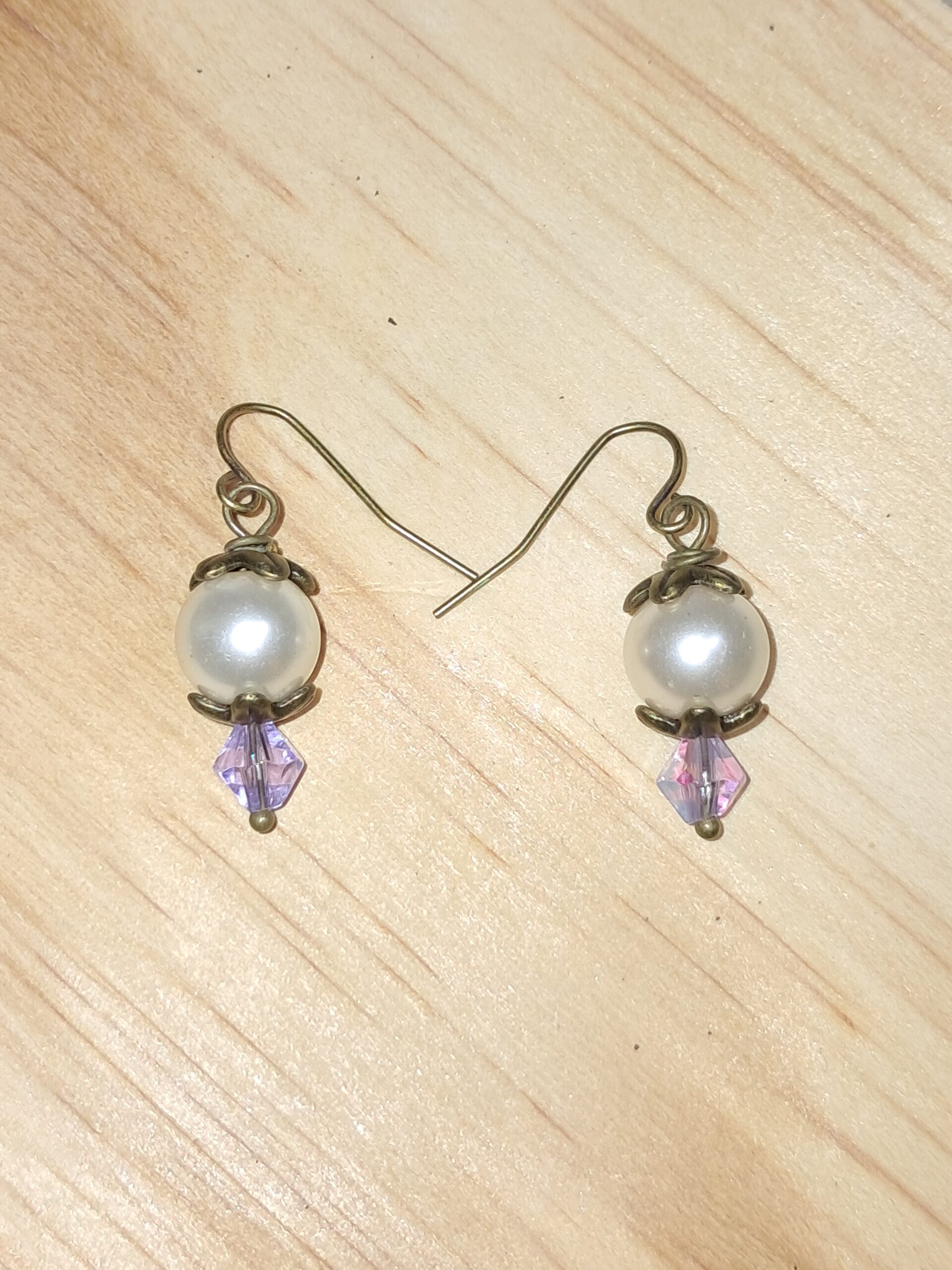 Pretty glass pearl and lavender crystal earrings Pretty glass pearl and lavender crystal earrings - image 2
