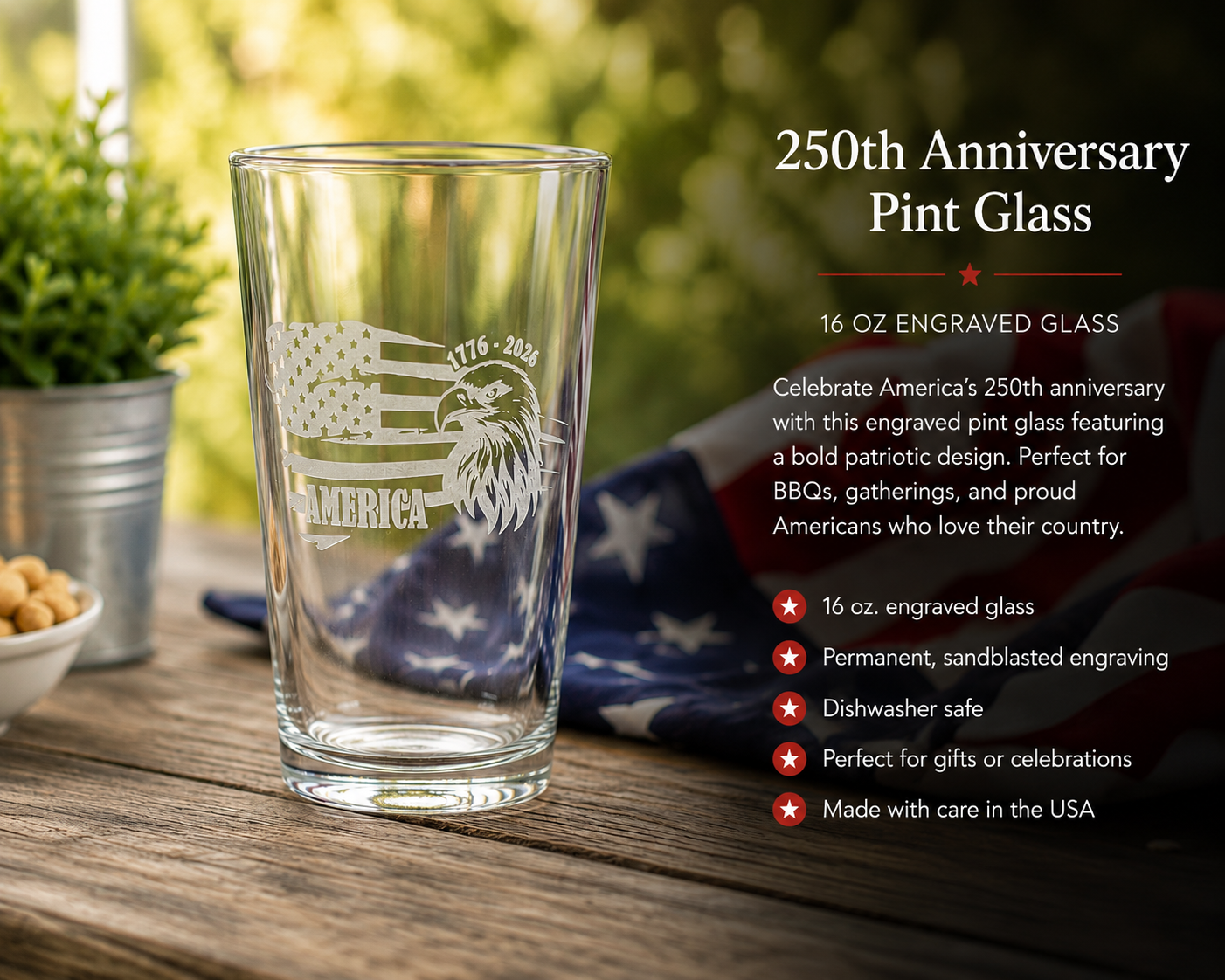 America 250th anniversary pint glass – engraved eagle 1776–2026 patriotic gift America 250th anniversary pint glass with engraved eagle