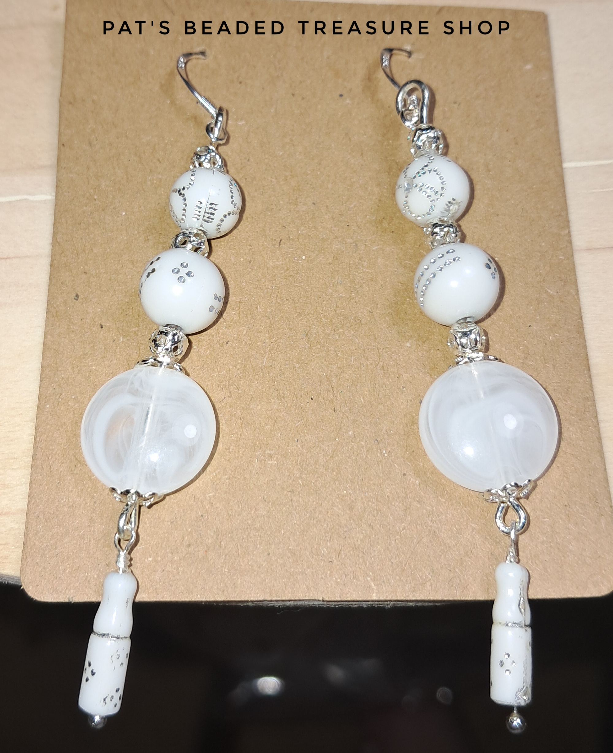 White handmade statement beaded dangle earrings White handmade statement beaded dangle earrings - image 2