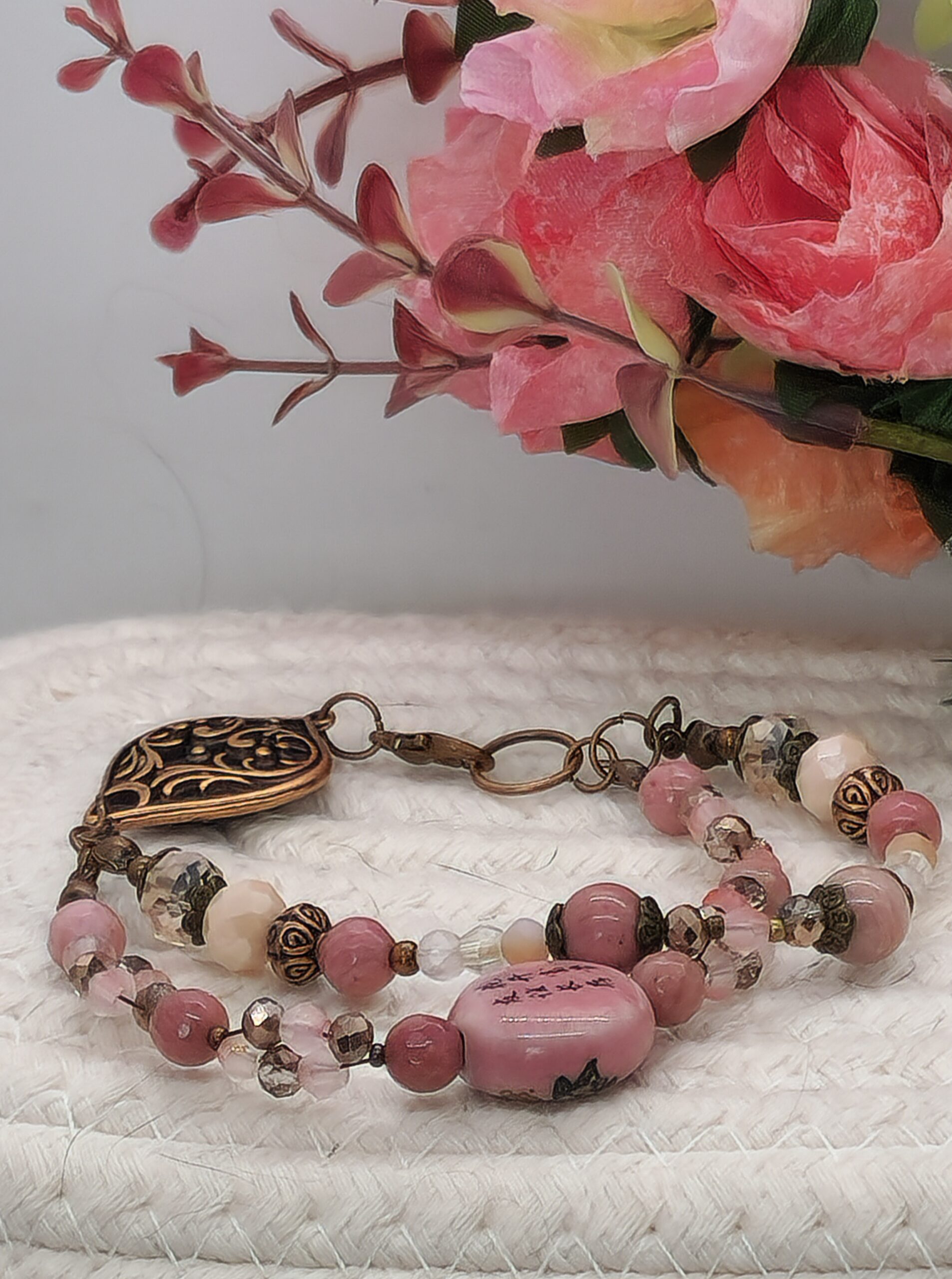 Pink beaded rhodonite bracelet with pink floral focus bead and bronze filigree clasp – handmade spring jewelry gift for her Pink beaded rhodonite bracelet with pink floral focus bead and bronze filigree clasp – handmade spring jewelry gift for her - image 3