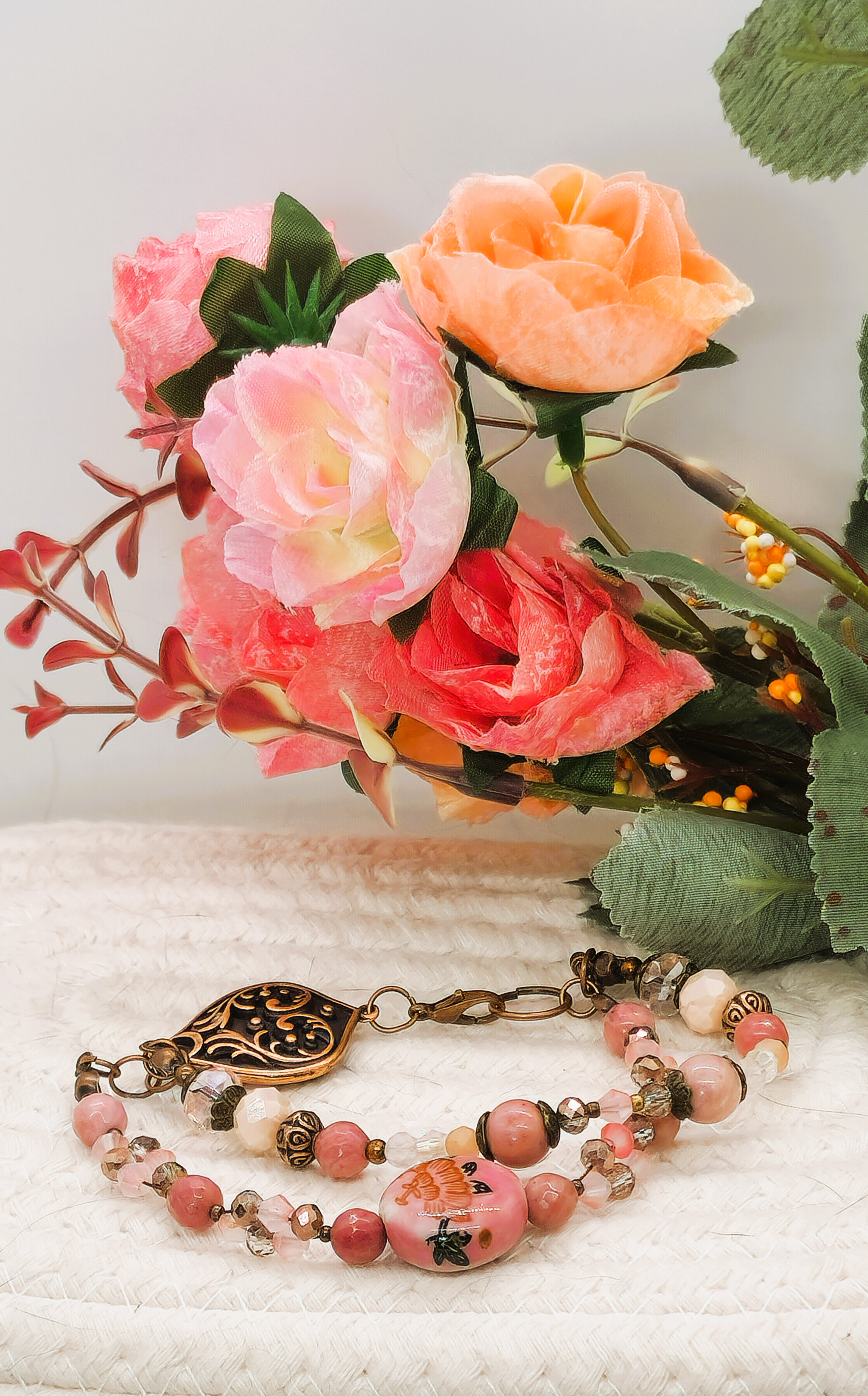 Pink beaded rhodonite bracelet with pink floral focus bead and bronze filigree clasp – handmade spring jewelry gift for her Pink beaded rhodonite bracelet