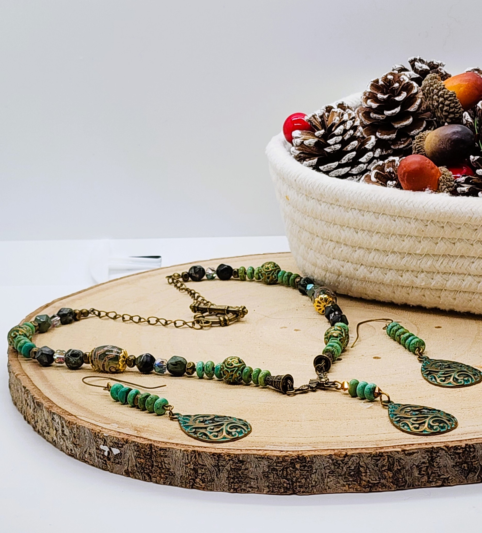 Handmade green boho necklace and earring set | patina filigree jewelry | vintage inspired artisan gift Handmade green boho necklace and earring set | patina filigree jewelry | vintage inspired artisan gift - image 5