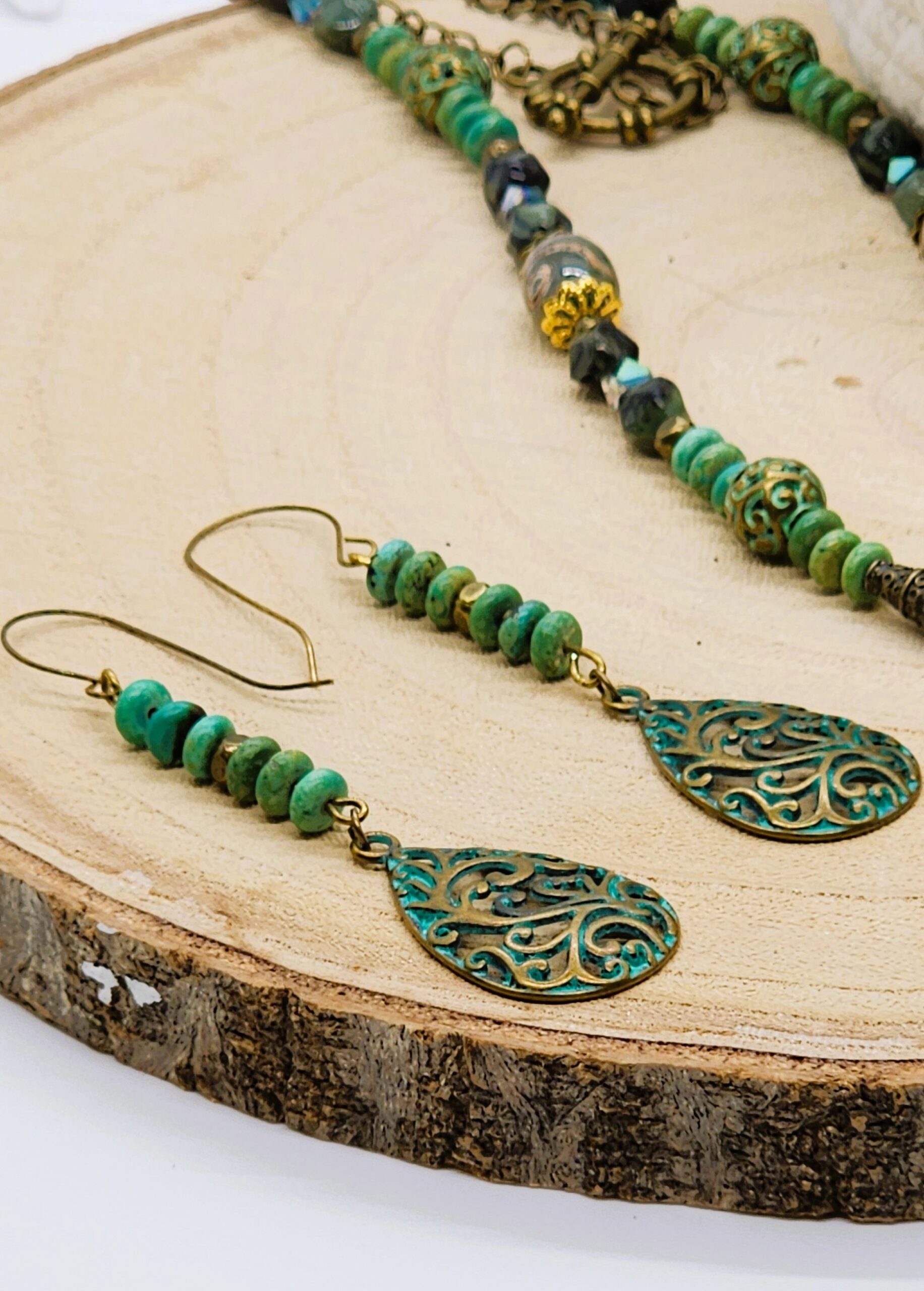 Handmade green boho necklace and earring set | patina filigree jewelry | vintage inspired artisan gift Handmade green boho necklace and earring set | patina filigree jewelry | vintage inspired artisan gift - image 4