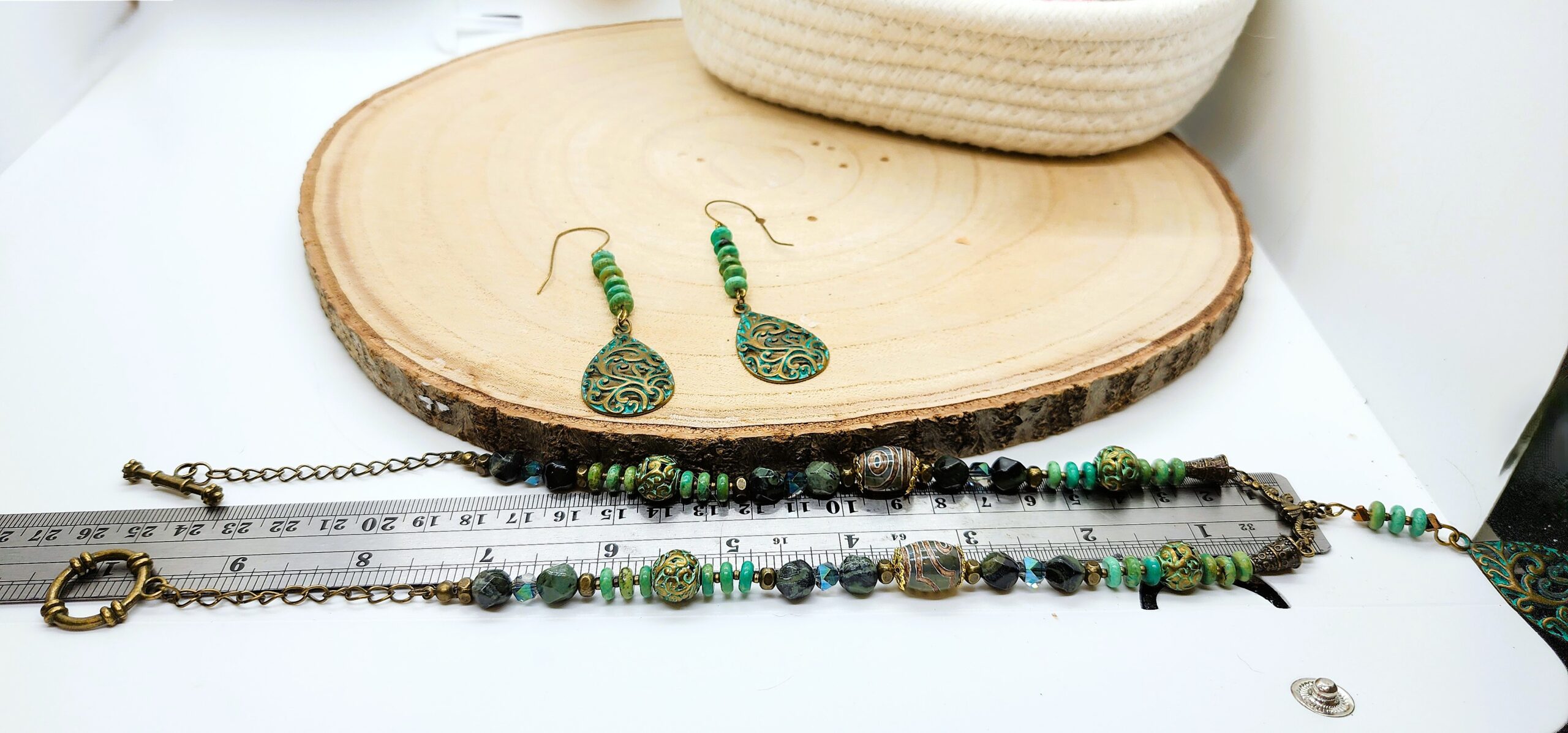 Handmade green boho necklace and earring set | patina filigree jewelry | vintage inspired artisan gift Handmade green boho necklace and earring set | patina filigree jewelry | vintage inspired artisan gift - image 3